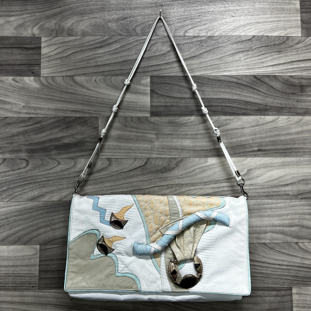 Cellini Handbags Womens White Abstract Print Leather Knotted Shoulder Strap 80's
